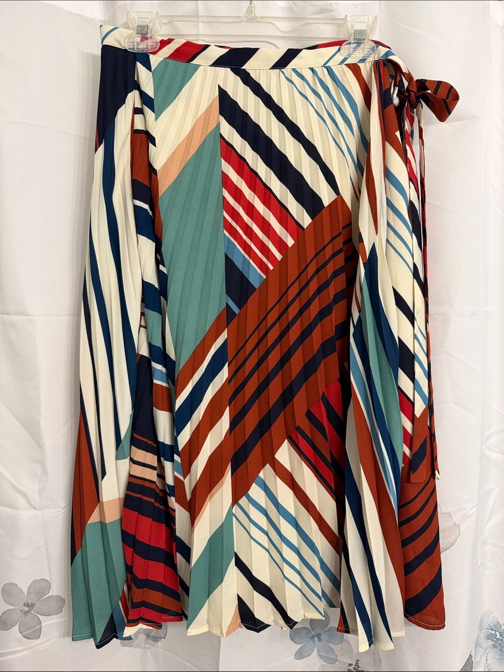 Geometric Pleated Midi Wrap Skirt in Cream, Teal & Rust